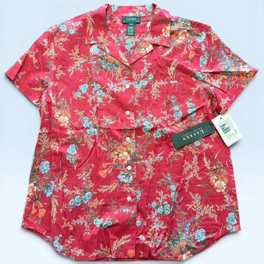Lauren Ralph Lauren Loop Collar Shirt Womens XL Red Floral Great Plains Briar